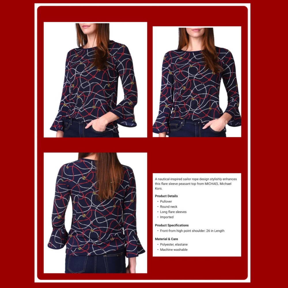 Michael Kors Sailor Print Flare Sleeve Top• Size Large